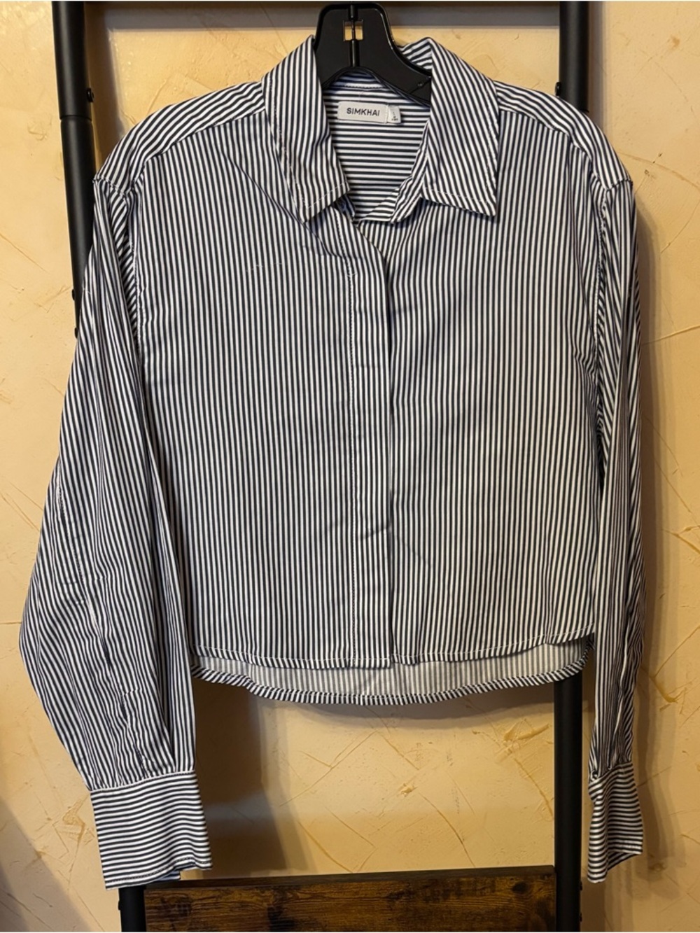 SIMKHAI Size S Navy and White Striped Button-Front Shirt